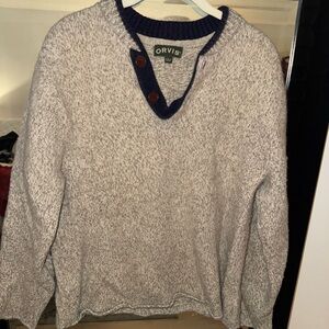Orvis Unisex Heathered Gray V-Neck Sweater with Navy Trim